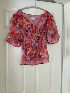 Floral Sheer Pink Button-Front Smocked Waist Blouse